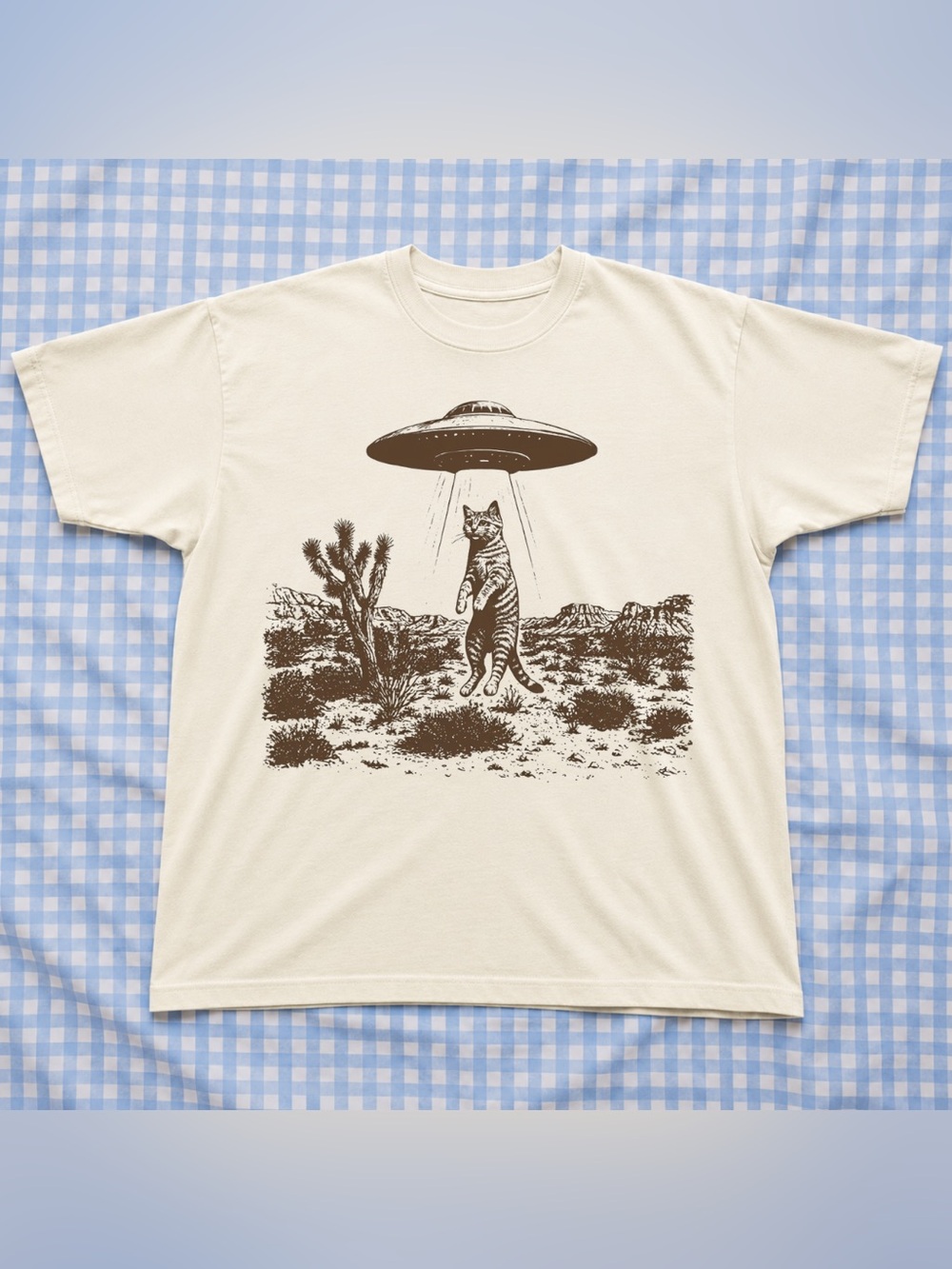 Gildan Funny Cat UFO Graphic T-Shirt - Off White with Brown Print